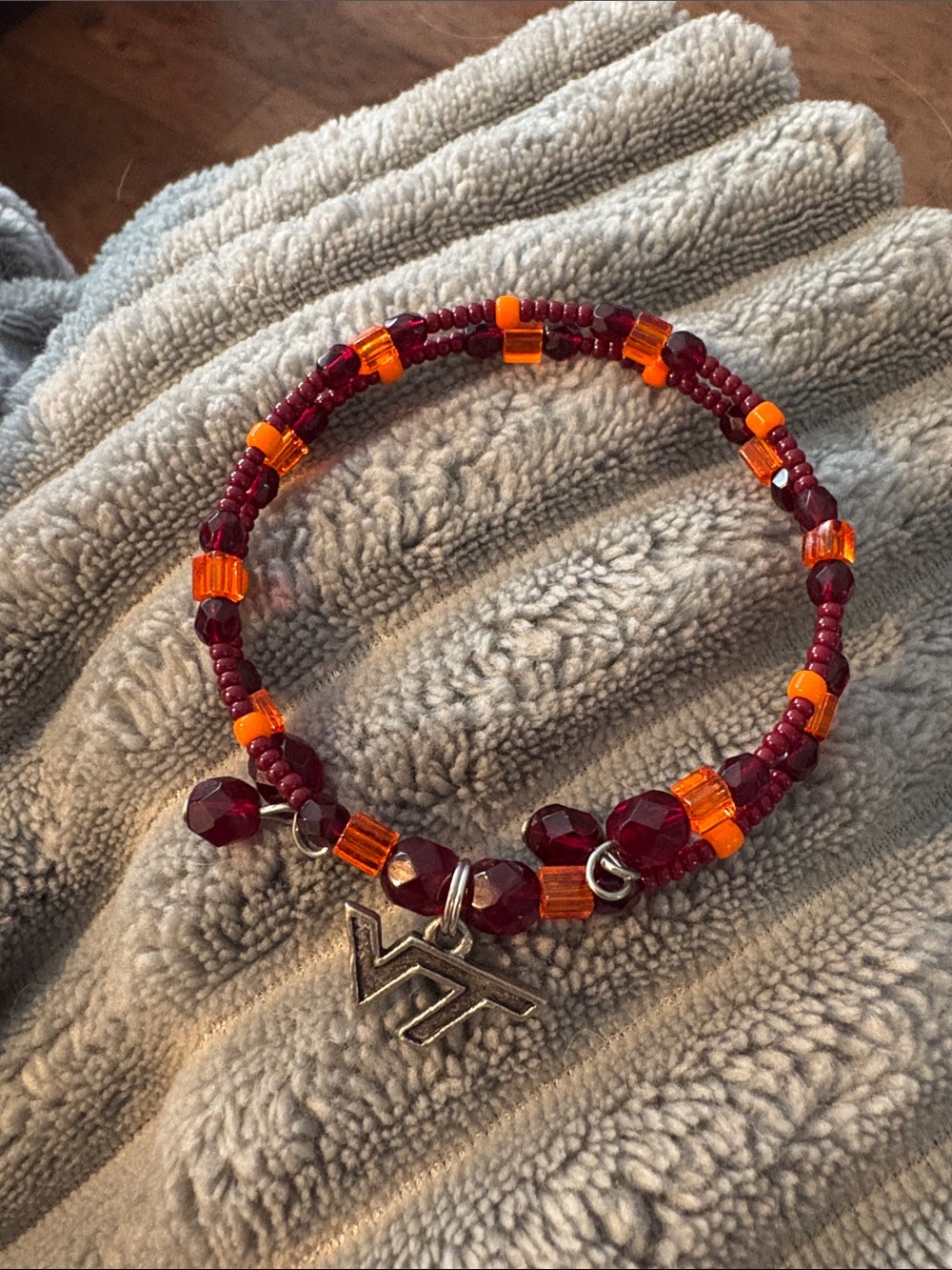 Virginia Tech Handmade Red & Orange Beaded Bracelet with Silver Charm